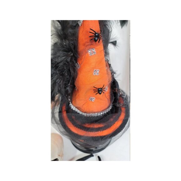 Fancy Witch Hat Fascinator - Orange Hat w/Tulle & Black Feathers - Halloween Hat - Picture 6 of 14